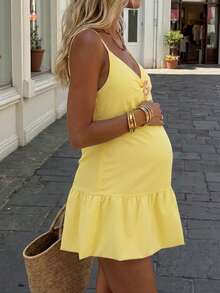 Women's Casual Elegant Bohemian Style Sleeveless Deep V-Neck Ruffle A-Line Midi Dress, Perfect For Summer Vacation And Party Wear Yellow - Yellow - View 4