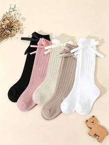5 Pairs Girls' Long Bow Solid Color Ribbed Mid-Calf Socks, Sweet Cute Lady Princess Style Calf Socks, Student Socks, Suitable For Girls' Daily Wear - Multicolor - View 4