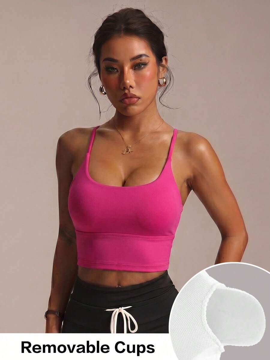 Women's Solid Color Wireless Criss-Cross Strap Fashionable Knit Sports Bra Spring - Hot Pink - View 1