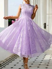 Women's Wedding Guest Dress, New And Elegant Fan-Shaped Lace Flared Dress, Retro Sleeveless Lace Dress, Suitable For Wedding Bridesmaid Dress, Evening Party, Casual Romantic Dates - 鵝黃色 - 查看 8