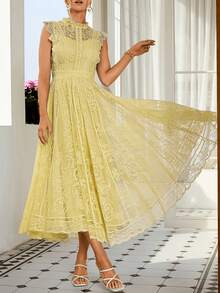 Women's Wedding Guest Dress, New And Elegant Fan-Shaped Lace Flared Dress, Retro Sleeveless Lace Dress, Suitable For Wedding Bridesmaid Dress, Evening Party, Casual Romantic Dates - Dark Blue - 查看 2