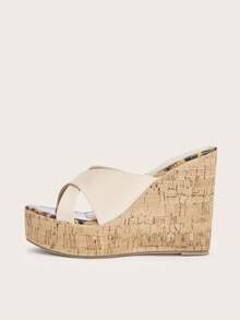 Apricot Soft Premium Matte PU Material Cross Wide Strap, Height-Increasing Wedge Heel Slippers, Holiday Essential, Leopard, Holiday, High Platform - Apricot Cross Stripes - View 3