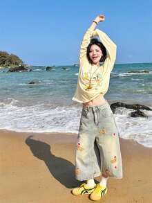 Korean Retro Light Blue Cartoon Puppy Print Embroidered Denim Cropped Pants For Women, College Style Summer Design Straight Loose Wide Leg Pants S-4XL, Perfect For Students, College, Parties, Stage Dance, Music Festival Concerts, And Birthday Gifts - Light Blue - View 3