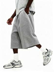 Men's Casual 3/4 Length Shorts, Suitable For Spring, Autumn And Summer, Sporty Style, Knitted Fabric Suitable For Campus, Skateboarding, Outfit - Light Grey - View 2