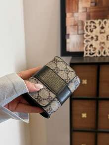 New Women's Brown PU Floral Print Pattern Small Accordion Card Holder, Multi-Slot Fashion Versatile Anti-Theft Card Storage Pouch With Flap, Vintage Lightweight Handheld Bag - Black - View 3