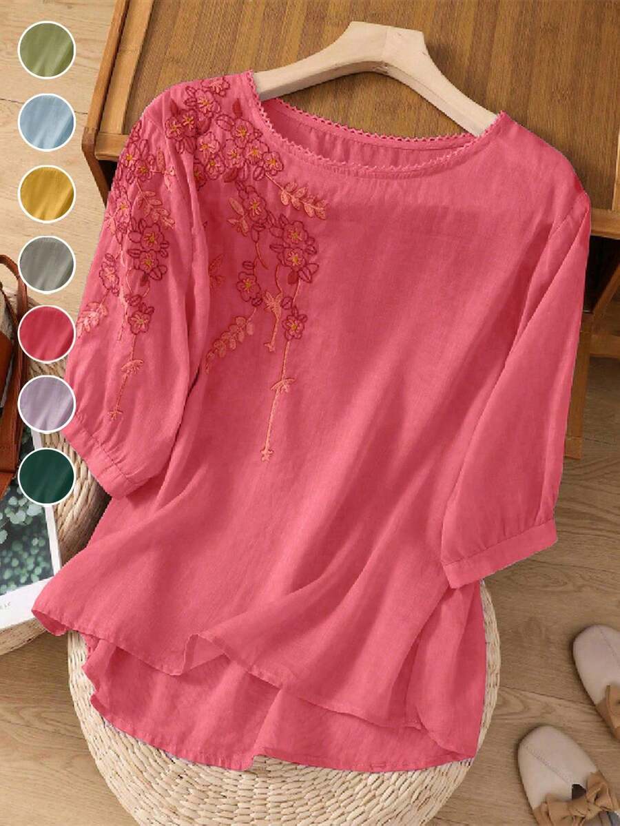 大尺碼女款刺繡寬鬆波希米亞復古襯衫,春夏休閒上衣,夏季度假女裝穿搭 - 紅色 - 查看 1