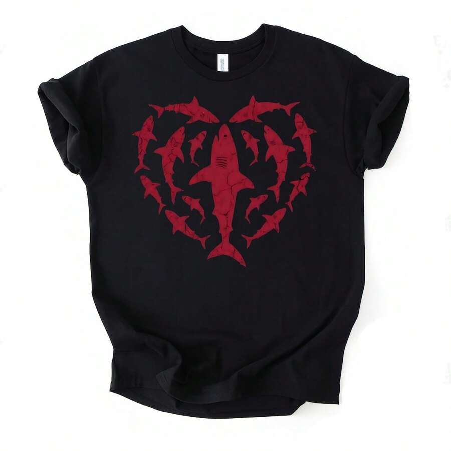 Shark Heart T-Shir, Vaine's Day T-Shir, Shark Lover Gif, Ocean Heart T-Shir, Animal Heart T-Shir, Cool T-Shir - 黑色 - 查看 1