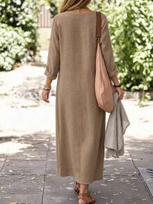 Women's Minimalist V-Neck Long Sleeve Loose Linen Midi Dress, Suitable For Vacation, Casual, And Office Commute Elegant - Brown - View 2