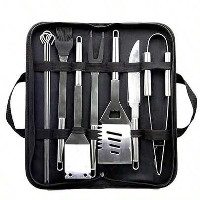 Juego de parrilla para barbacoa hecho de tela Oxford, tenedor de acero inoxidable, espátula, pinza, utensilios para parrilla con mango de tubo redondo, juego de utensilios para parrilla de 14 pulgadas, 10 piezas