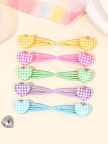 10 piezas Clips BB de corazón color pastel para niñas, clips de pelo de corazón a cuadros kawaii, lindos clips de pelo con broche, regalo para niñas, barrettes, tocado para uso diario y fiestas, accesorios para el cabello de adolescentes - Multicolor - Ver 2