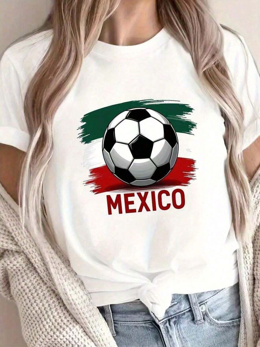 SimpieAndVersatileDesignCamiseta de manga corta con cuello redondo y de la bandera de México, una excelente opción para la ropa casual femenina en primavera y verano.CottonT-Shirt - Negro - Ver 1