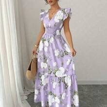 Vestido de vacaciones con cuello en V, manga corta y estampado floral romántico para mujer - Verde Niebla - Ver 9