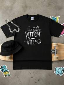Halloween Witch Hat Broom Stylized Lettering Graphic Men's T-Shirt Everyday Wear Casual Outfit Year Round Streetwear Music Festival Skatepark - Black - View 3