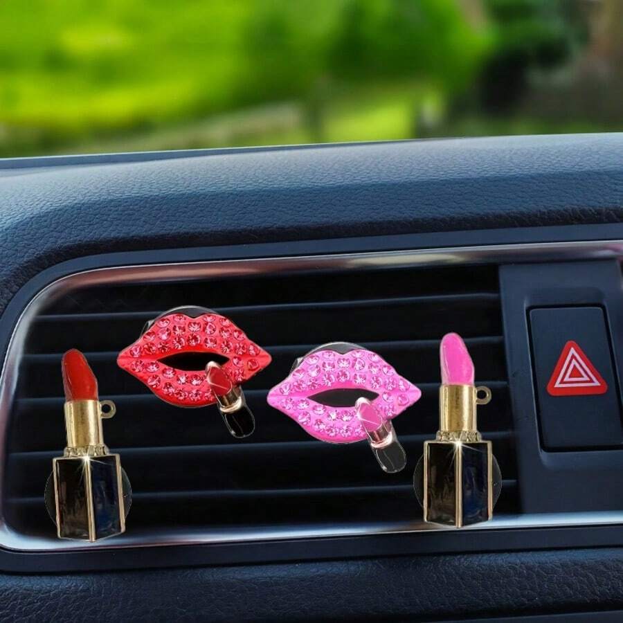 2pcs/4pcs Rhinestone Lip Lipstick Perfume Car Air Vent Clip Decor Car Interior Ornament Car Air Conditioner Decoration Accessories - Rhinestone-encrusted Lipstick Vent Clip - View 1