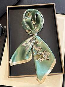 1件 53cm 100%真絲花卉印花絲巾，優雅緞面正方形絲巾，鼠尾草綠木蘭花圖案，溫柔頸巾、髮帶、辦公室絲巾 - 彩色 - 查看 5