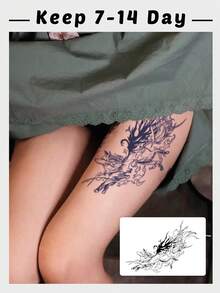 1 Pc Semi-Permanent Dark Spirit Wolf Tattoo Sticker With Abstract Swirl Design, Waterproof 7-14 Day Lasting Fake Tattoo, Gothic Grunge Body Art For Thighs & Legs - Black - View 1