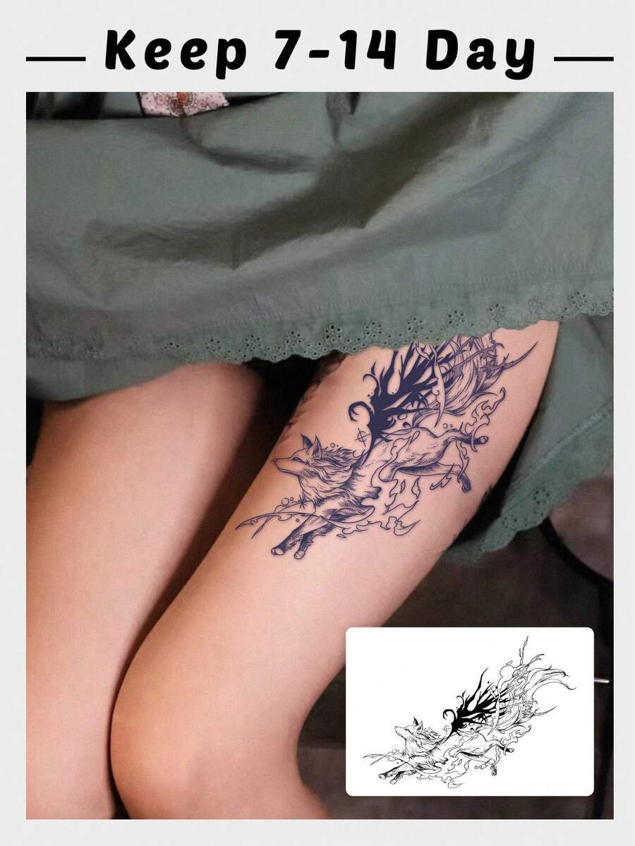 1 Pc Semi-Permanent Dark Spirit Wolf Tattoo Sticker With Abstract Swirl Design, Waterproof 7-14 Day Lasting Fake Tattoo, Gothic Grunge Body Art For Thighs & Legs - Black - View 1