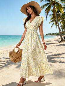 Elegaris Women's Elegant Floral V-Neck Cinched Waist A-Line Dress Summer - Pale Yellow - View 7
