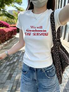 Red Letter Print Sports T-Shirt, Slim Fit Cropped White Short Sleeve Top For Women, Summer Casual - White - View 7