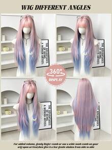 7JHH WIGS 32吋馬卡龍粉藍漸層長層次直髮女用假髮，優雅瀏海款，深色髮根，自然蓬鬆極柔軟合成耐熱纖維全機織假髮，適合女孩日常、音樂節派對、Cosplay動漫使用 - 彩色 - 查看 4