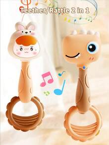 2-In-1 Baby Rattle Teether Set, Cute Cartoon Dinosaur Rabbit Crab Deer Soft Silicone Teething Rattle, Suitable For 0-12 Months Infants, Tummy Time, Stroller, Car, Nursery Sensory Toy, Perfect Baby Shower, Newborn, 1st Birthday Gift - Multicolor - View 3