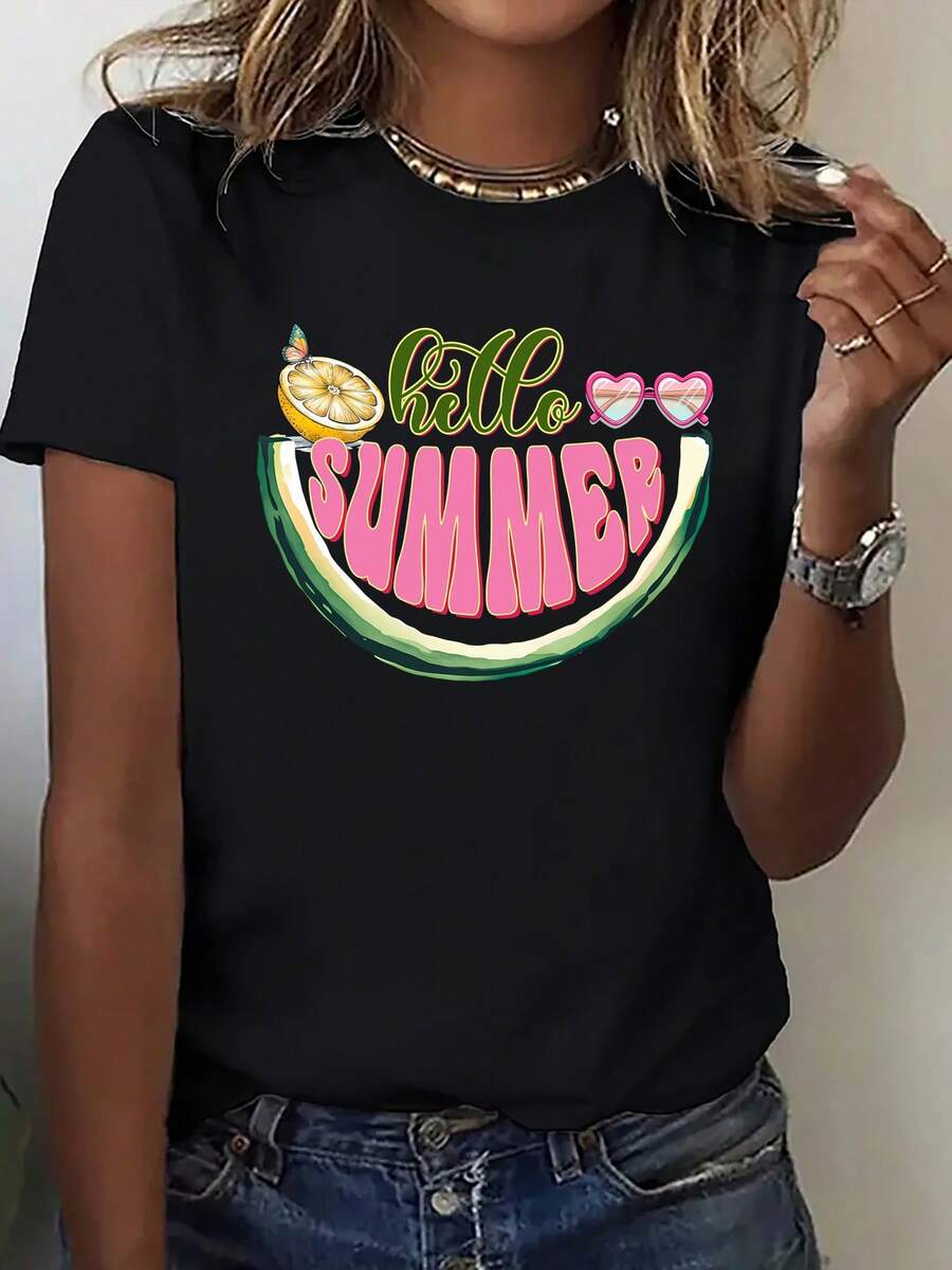 Premium Women's Printed Short-Sleeve T-Shirt, Sweet And Fresh Style, With A Fun Summer Watermelon Print, Lemon Sunglasses, And Butterfly Embellishments. Versatile Streetwear For Everyday Wear. Comfortable Basic T-Shirt For Autumn, Printed Short-Sleeve T-Shirt For Outdoor Activities, Unisex Short-Sleeve T-Shirts. Couple T-Shirts, Parent-Child Sets, Family Sets, New Arrivals, Short-Sleeve T-Shirts, Short-Sleeve T-Shirts For Gifts, . - 黑色 - 查看 1