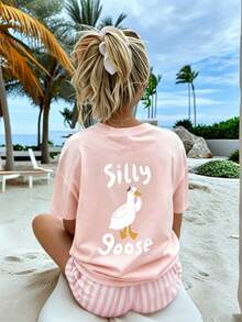 2pcs/Set Tween Girl "Silly Goose" Cartoon Goose Print Short Sleeve Tee & Pink Stripes Shorts Set, Fashionable Girls Spring/Summer Casual Versatile Set - Pink - View 1