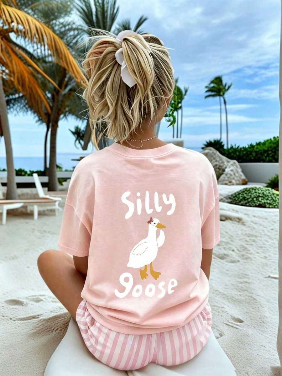 2pcs/Set Tween Girl "Silly Goose" Cartoon Goose Print Short Sleeve Tee & Pink Stripes Shorts Set, Fashionable Girls Spring/Summer Casual Versatile Set - Pink - View 1