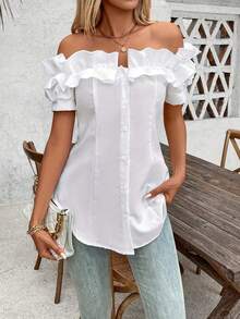 Talla Grande - Talla Grande - Camiseta de Mujer de Talla Grande, Color Sólido, Volantes y Hombros Descubiertos, Manga Corta - Blanco - Ver 6