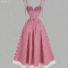 xuehuamaoyi02  MOD Vestido midi de estilo romántico y campestre a cuadros rojos y blancos - Celeste - Ver 4