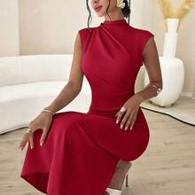 dahkjdgajy  Vestido largo de verano elegante y minimalista para uso diario, viajes y ocasiones casuales, con cuello mao, mangas drapeadas y cintura ceñida, color albaricoque - Verde militar - Ver 3