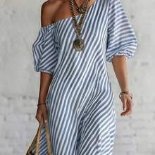 Vestido suelto asimétrico de hombro con textura de rayas de estilo retro y casual de vacaciones "Island Breeze" para mujeres AG - Multicolor - Ver 6