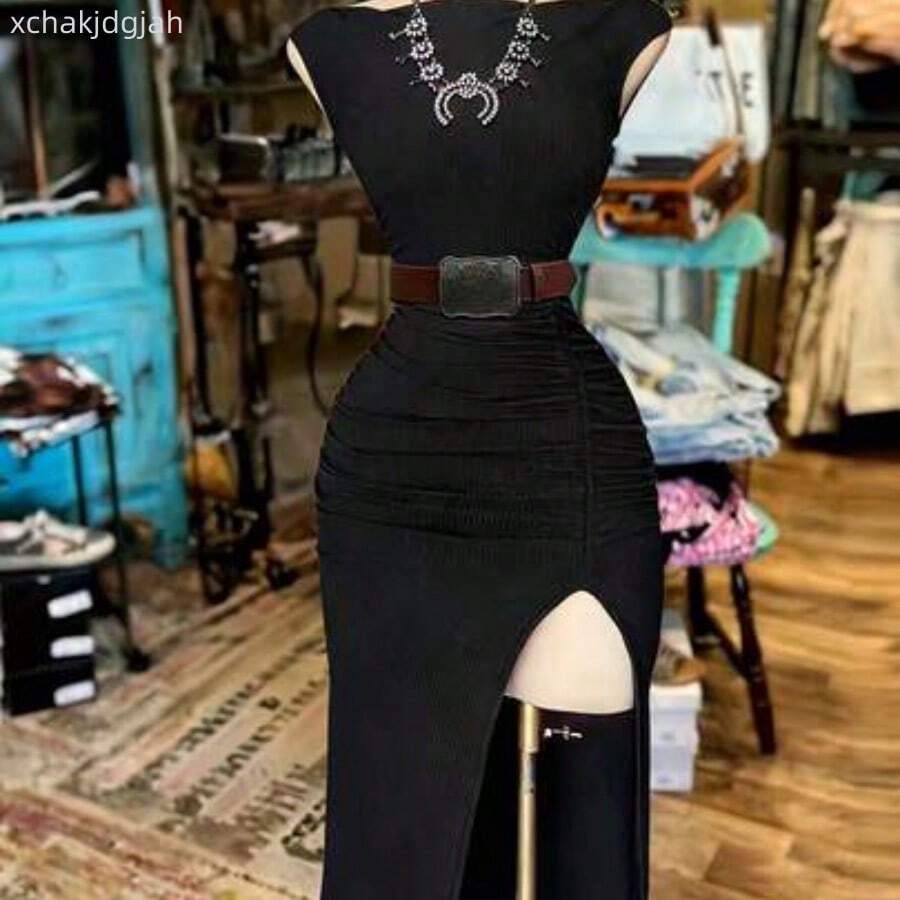 NostaNoir Vestido de verano sexy y minimalista para vacaciones de mujer, con cuello de barco, fruncido, ajustado y con abertura alta en el bajo AG - Negro01 - Ver 1