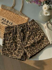 Pantalones cortos de mujer con estampado de leopardo de moda, para verano - Marrón - Ver 2