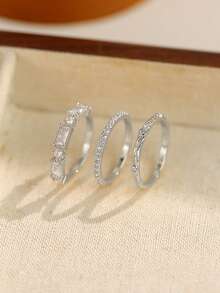 Gift Box Set 3pcs Silver Ring Combination, Twisted Band, Full Rhinestone Band And Rectangular Diamond Cluster Ring, Stackable Fashion Rings For Women - Silver - View 6