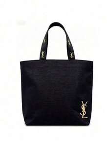 Yves Saint Laurent 黑色刺繡LOGO托特化妝包，大容量防水帆布手提收納包，粉色內裡拉鍊隔層，通勤購物旅行雙用彩妝收納包，奢華女款便攜禮品 - 黑色 - 查看 12
