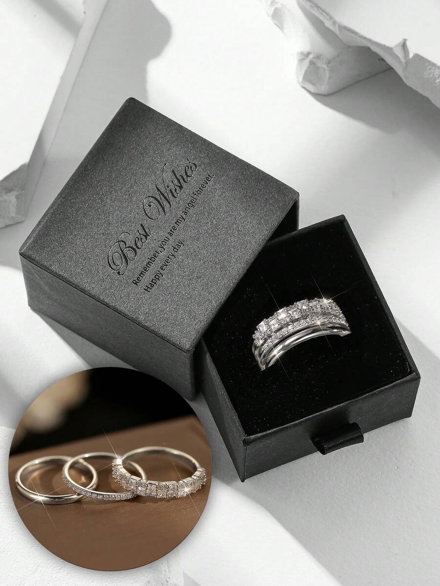Gift Box Style 3 Pieces Silver Stackable Ring Set, Smooth Band + Round Zirconia Eternity Ring + Princess Square Diamond Wide Band, Suitable For Women's Wedding, Party Wear And Holiday Gifts - Silver - View 1