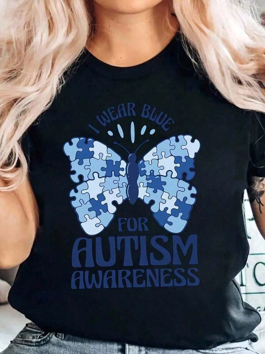 Autism Awareness Gift Cami With Blue Puzzle And Butterfly, "I Wear Blue For Autism", Graphic Cami For Women And Men, Supports Autism Awareness Campaigns, Casual Wear For Everyday Use And Events, Summer Wear. Soft - 黑色 - 查看 1