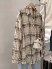 YUXIN Women's Retro Checkered Shirt, Long Sleeved Button Down Jacket, Loose Fit Layered Piece For Daily Camping And Commuting Wear - Apricot - View 10