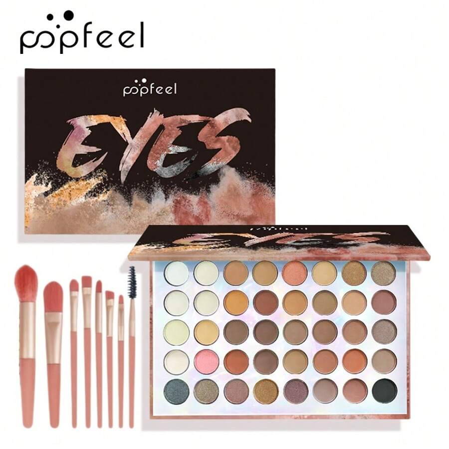 POPFEEL 眼影彩妝套組 - 40色中性眼影盤(霧面 & 閃亮)附8件組彩妝刷,高顯色不褪色易暈染眼部化妝品,適合女性女孩,完美適用春夏,Y2K時尚風格,生日、母親節禮物、電音節慶派對首選最佳配色 - 棕色 - 查看 1