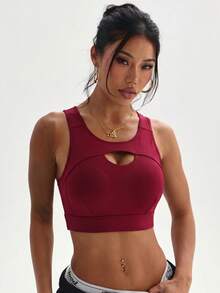 Women's Black Fashionable Removable Padded Criss-Cross Back Sports Knit Bra - Burgundy - View 4