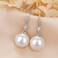 1 Pair Exquisite Rhinestone Zirconia Faux Pearl Earrings, Minimalist Elegant Women's Ear Jewelry For Commute And Date - Silver - View 6