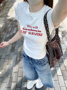 Red Letter Print Sports T-Shirt, Slim Fit Cropped White Short Sleeve Top For Women, Summer Casual - White - View 6