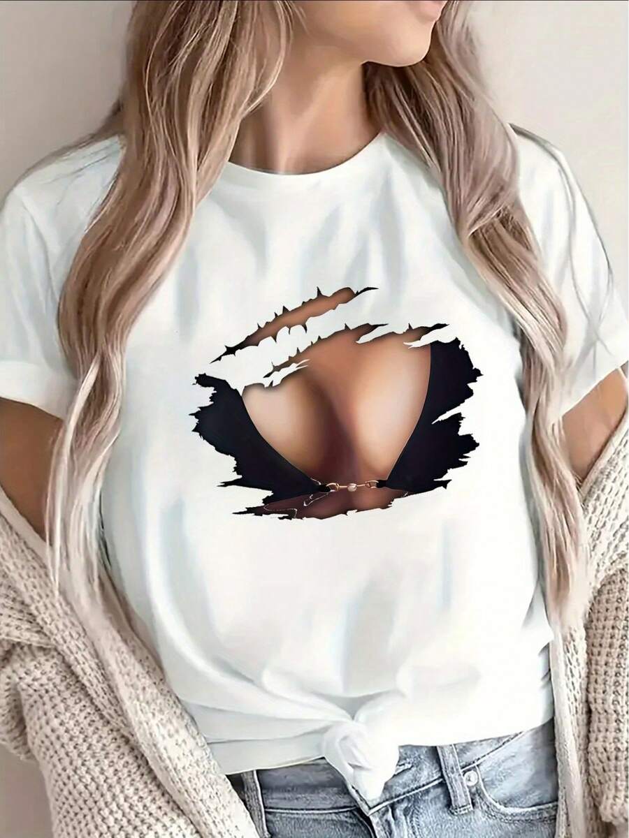 Women's Short Sleeve T-Shirt With Black And White Lip Print - Eye-Catching Lip Design, Lightweight And Breathable Polyester Fiber, Round Neck, Casual Party Top, Durable T-Shirt For Everyday Wear, Machine Washable For All Seasons, 100% Cotton. - 白色 - 查看 1