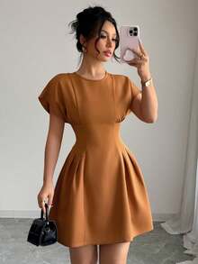 Vestido corto elegante de verano con cintura ceñida de unicolor para mujer - Óxido marrón - Ver 1