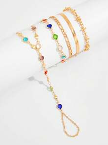 5 piezas Pulsera de dedo con cadena de strass colorida, minimalista, de moda, personalizada y creativa, estilo INS, joyería de mano con cadena de metal y flor, adecuada para fiestas, vacaciones, regalo para amigos y familiares, uso diario, ir al trabajo - Dorado - Ver 2
