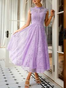 Women's Wedding Guest Dress, New And Elegant Fan-Shaped Lace Flared Dress, Retro Sleeveless Lace Dress, Suitable For Wedding Bridesmaid Dress, Evening Party, Casual Romantic Dates - 灰綠 - 查看 5