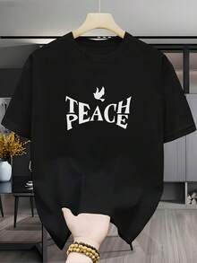 New Versatile And Stylish Casual Short-Sleeved 100% Cotton Printed T-Shirt - Men's Crew Neck T-Shirt With A Peace Statement Theme, Minimalist In Black And White, Essential For The Daily Outings Of Young Artists - Unisex Style. - 藏青色 - 查看 7