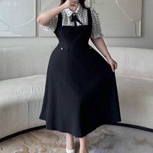 xuehuamaoyi02 Vibekara Vestido midi de línea A elegante y vintage casual con cuello vuelto, manga corta, botones de contraste de color y lunares para mujer de talla grande - Multicolor - Ver 8