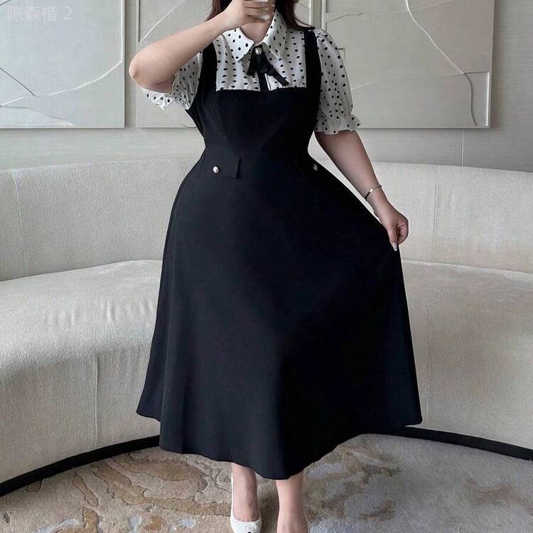 xuehuamaoyi02 Vibekara Vestido midi de línea A elegante y vintage casual con cuello vuelto, manga corta, botones de contraste de color y lunares para mujer de talla grande - Multicolor - Añade 8